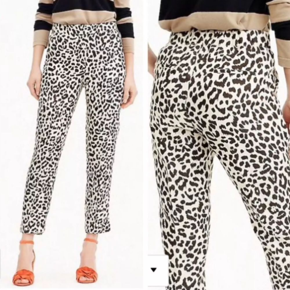 J. Crew Brown Ivory Leopard Print Easy Linen Stretch Pull On Pants Size 4‎